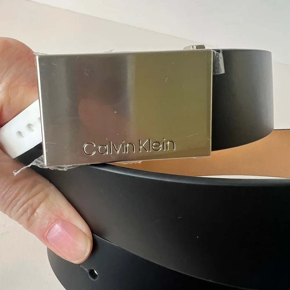 Mens Calvin Klein Black Leather Belt Silver Buckle CK Logo L 38 - 40 NWT‎